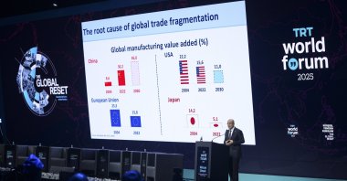 Treasury and Finance Minister Mehmet Şimşek delivers a presentation during the TRT World Forum 2025, Istanbul, Türkiye, Nov. 1, 2025. (AA Photo)