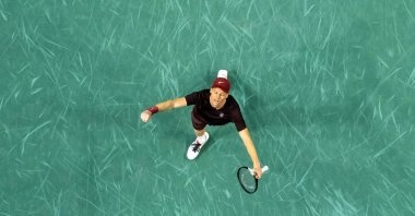 Italy&#039;s Jannik Sinner celebrates after winning against Canada&#039;s Felix Auger-Aliassime at the end of their men&#039;s singles final match on day seven of the Paris ATP Masters 1000 tennis tournament at the Paris La Défense Arena in Nanterre, on the outskirts of Paris, France, Nov. 2, 2025. (AFP Photo)