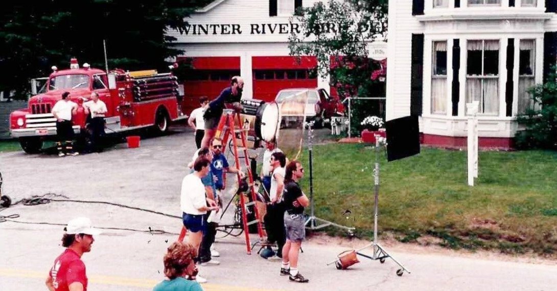 In this photo provided by East Corinth resident Sarah Polli, the Beetlejuice film crew prepares to shoot a scene in front Polli&#039;s home, in East Corinth, Vt., U.S., June 1987 (AP Photo)