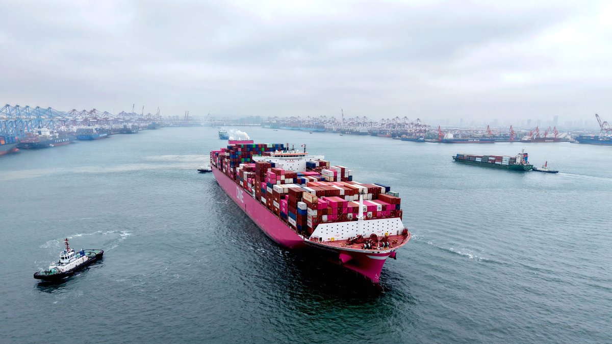A container ship sails from a port, Qingdao, China, Oct. 11, 2025. (AFP Photo)