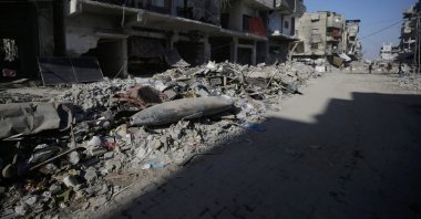 An Israeli missile lies on the rubble in the middle of a street next to Gaza, Palestine, Oct. 30, 2025. (EPA Photo)