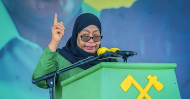 Tanzania’s ruling party Chama Cha Mapinduzi (CCM), presidential candidate and incumbent President Samia Suluhu Hassan delivers her remarks during the party&#039;s closing campaign rally, Mwanza, Tanzania, Oct. 28, 2025. (AFP Photo)