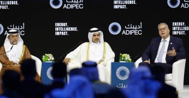  United Arab Emirates&#039; Minister of Energy and Infrastructure Suhail Mohamed Al Mazrouei, Qatar&#039;s Minister of State for Energy Affairs Saad Sherida al-Kaabi and Egypt&#039;s Minister of Petroleum and Mineral Resources Karim Badawi attend a session of the Abu Dhabi International Petroleum Exhibition and Conference (ADIPEC) in Abu Dhabi, United Arab Emirates, Nov. 3, 2025. (EPA Photo)
