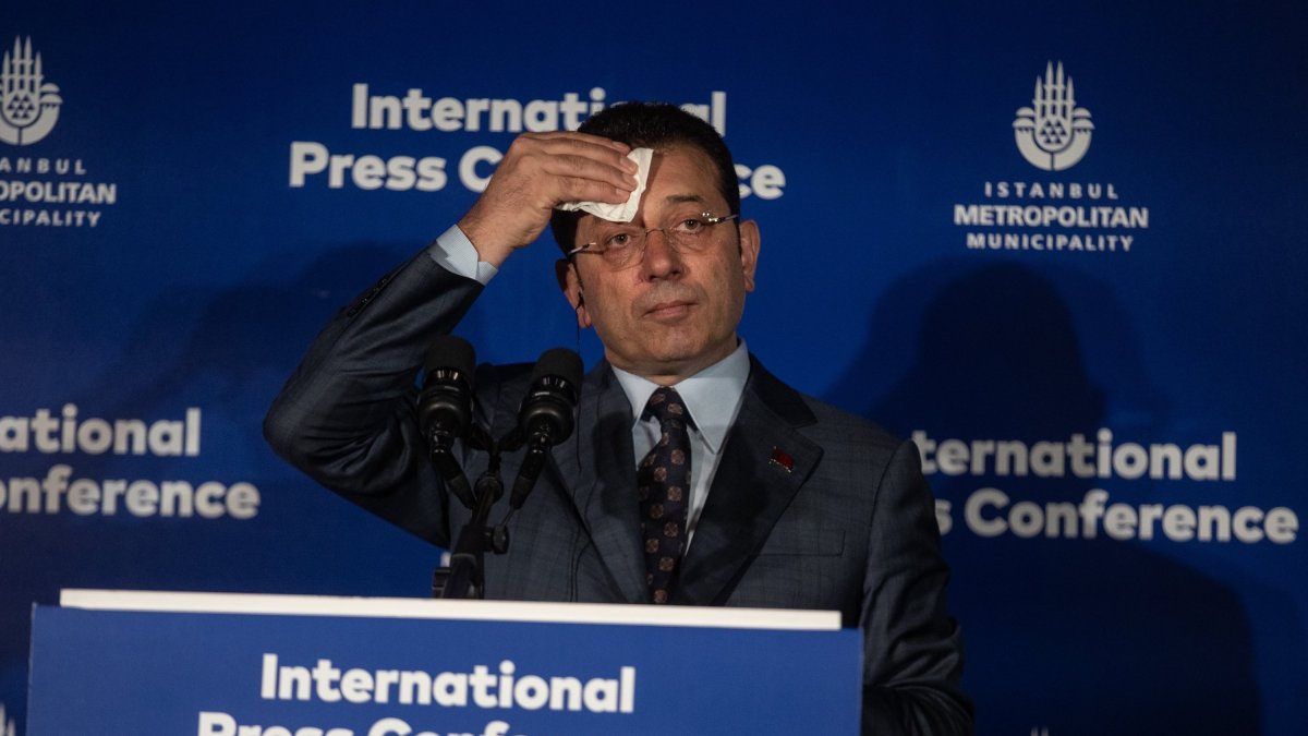 Former Mayor of Istanbul Ekrem Imamoğlu speaks to the international media during a news conference, Istanbul, Türkiye, April 18, 2024. (Getty Images Photo)