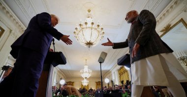 U.S. President Donald Trump and Indian Prime Minister Narendra Modi prepare to shake hands as they attend a joint press conference at the White House, Washington, U.S., Feb. 13, 2025. (Reuters Photo)