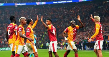 Galatasaray players celebrates during the UEFA Champions League league phase match against Bodo/Glimt, Istanbul, Türkiye, Oct. 22, 2025. (EPA Photo)