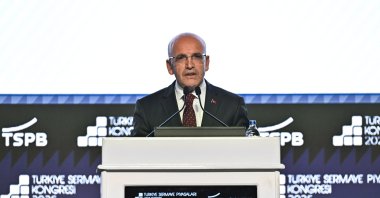 Treasury and Finance Minister Mehmet Şimşek delivers a speech at the Turkish Capital Markets Congress, Istanbul, Türkiye, Nov. 4, 2025. (AA Photo)