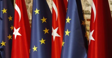 Türkiye's and European flags prior to the opening session of a high-level meeting between EU and Türkiye, in Istanbul, Feb. 28, 2019. (AP File Photo)
