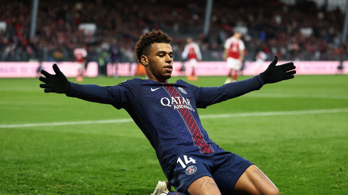 Paris Saint-Germain&#039;s Desire Doue celebrates scoring during the Ligue 1 match against Brest at the Stade Francis-Le Ble, Brest, France, Oct. 25, 2025. (Reuters Photo)