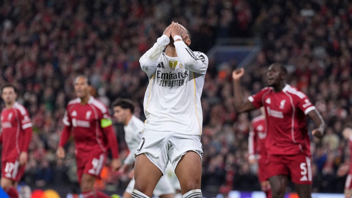 Real Madrid&#039;s Kylian Mbappe reacts during the Champions League match against Liverpool, Liverpool, U.K., Nov. 4, 2025. (AP Photo)