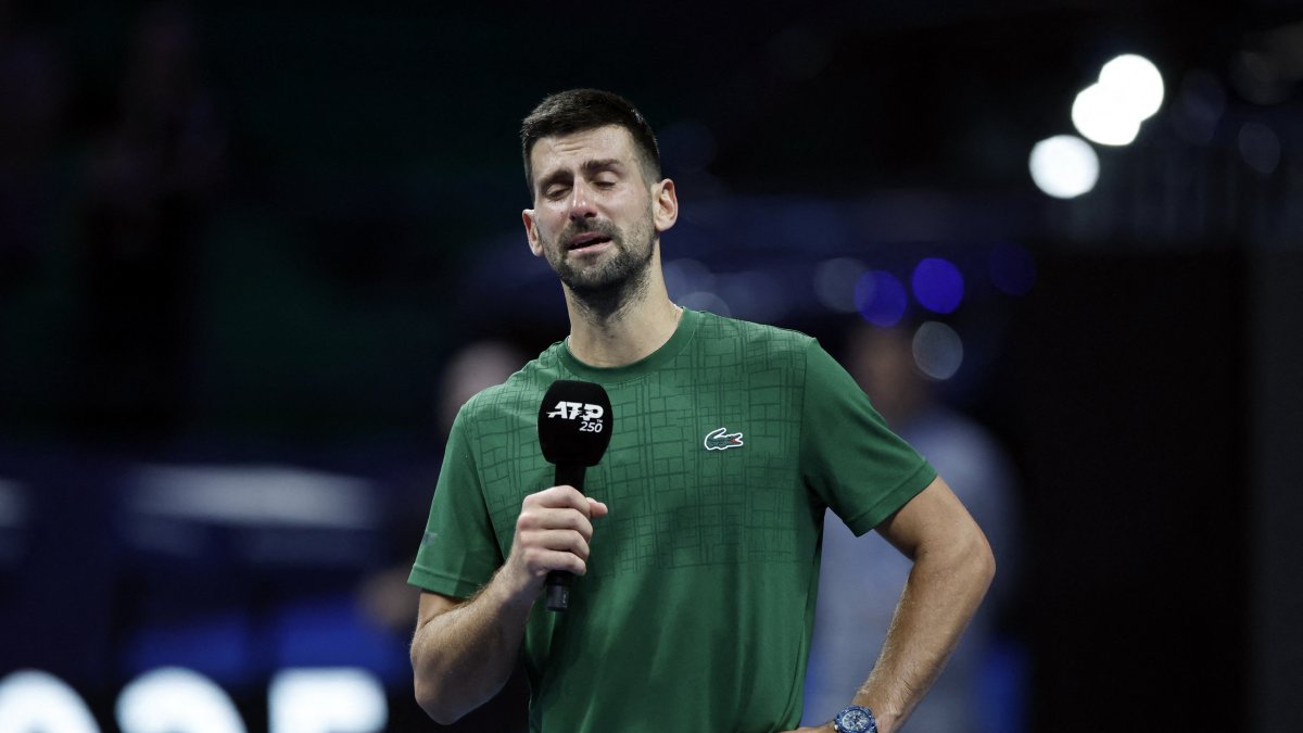 Serbia&#039;s Novak Djokovic reacts during a tribute to his former coach Nikola Pilic after winning his ATP 250 Hellenic Championship round of 16 match against Chile&#039;s Alejandro Tabilo at Telekom Center Athens, Marousi, Greece, Nov. 4, 2025. (Reuters Photo)