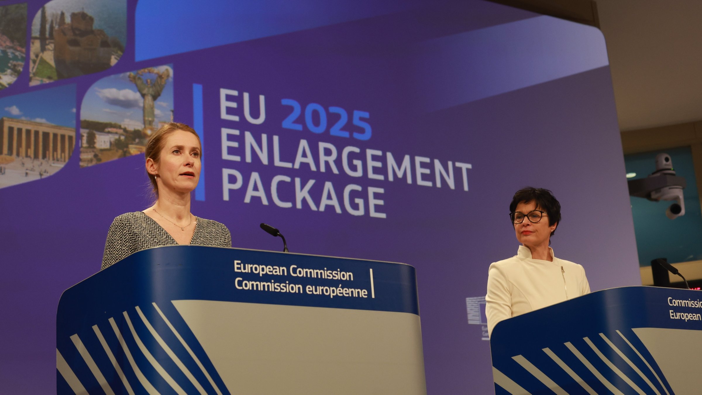 European High Representative of the Union for Foreign Affairs, Kaja Kallas and European commissioner for enlargement Marta Kos present the 2025 Enlargement Package at a press conference in Brussels, Belgium, Nov. 4, 2025. (EPA Photo)
