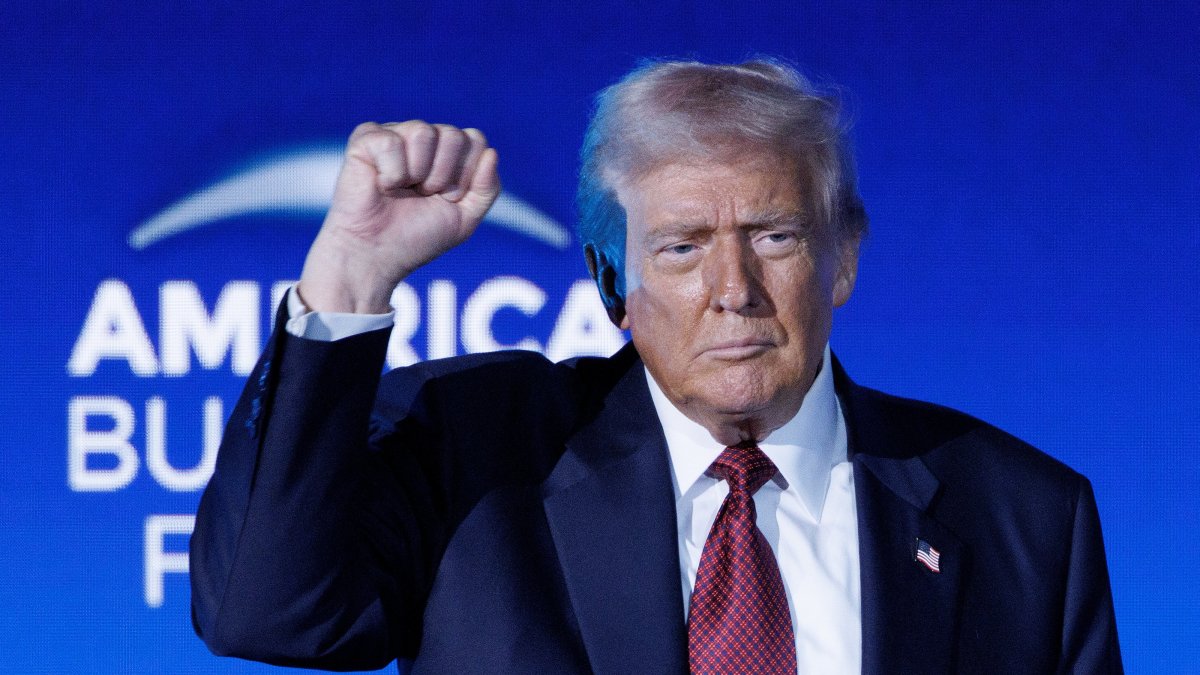 U.S. President Donald Trump reacts at the inaugural US edition of the America Business Forum at the Kaseya Center in Miami, Florida, U.S., Nov. 5, 2025. (EPA Photo)