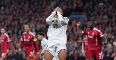 Real Madrid&#039;s Kylian Mbappe reacts during the Champions League match against Liverpool, Liverpool, U.K., Nov. 4, 2025. (AP Photo)