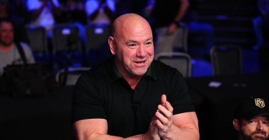 UFC President and CEO Dana White applauds the fight between Marwan Rahiki of Morocco and Azamat Nuftillaev of Uzbekistan during Dana White&#039;s Contender Series season nine, week ten at UFC APEX,  Las Vegas, U.S., Oct. 14, 2025. (Getty Images Photo)