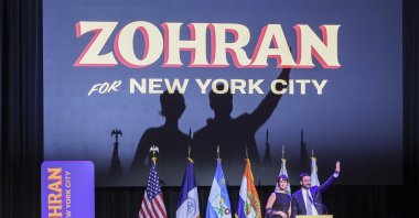Mayor-elect of New York City Zohran Mamdani (L) and his spouse Rama Duwaji (R) wave to the crowd during an election night party hosted by the Democratic nominee in the Brooklyn borough of New York, U.S., Nov. 4, 2025. (EPA Photo)