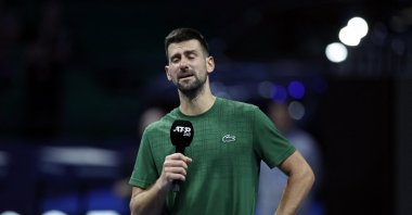 Serbia&#039;s Novak Djokovic reacts during a tribute to his former coach Nikola Pilic after winning his ATP 250 Hellenic Championship round of 16 match against Chile&#039;s Alejandro Tabilo at Telekom Center Athens, Marousi, Greece, Nov. 4, 2025. (Reuters Photo)