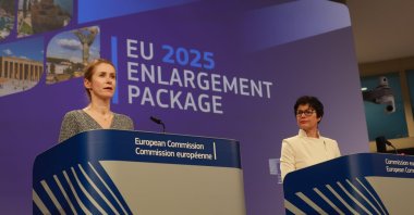 European High Representative of the Union for Foreign Affairs, Kaja Kallas and European commissioner for enlargement Marta Kos present the 2025 Enlargement Package at a press conference in Brussels, Belgium, Nov. 4, 2025. (EPA Photo)