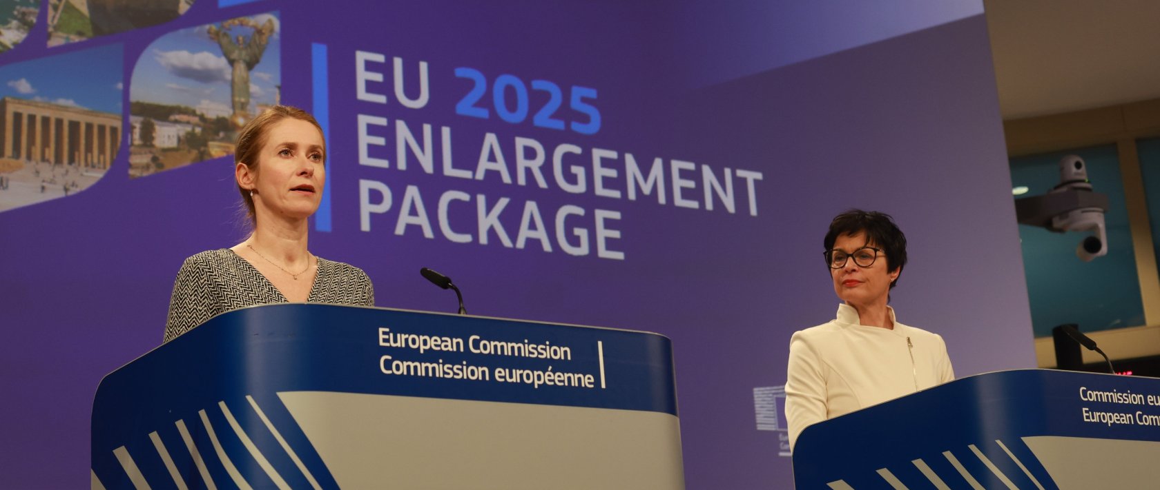 European High Representative of the Union for Foreign Affairs, Kaja Kallas and European commissioner for enlargement Marta Kos present the 2025 Enlargement Package at a press conference in Brussels, Belgium, Nov. 4, 2025. (EPA Photo)