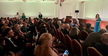 Participants attend an event marking the 100th anniversary of Greek composer Mikis Theodorakis’ birth at the Greek Consulate, Istanbul, Türkiye, Nov. 5, 2025. (AA Photo)