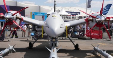 An Akıncı drone developed by Turkish defense company Baykar is displayed as Baykar and Leonardo announce "LBA Systems" venture at Paris Air Show, Paris, France, June 16, 2025 (AA Photo)