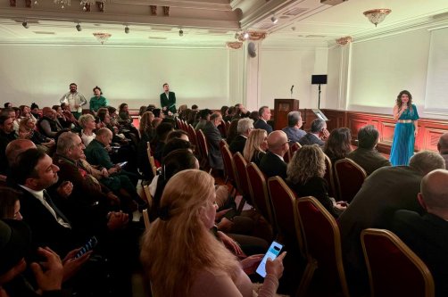 Participants attend an event marking the 100th anniversary of Greek composer Mikis Theodorakis’ birth at the Greek Consulate, Istanbul, Türkiye, Nov. 5, 2025. (AA Photo)