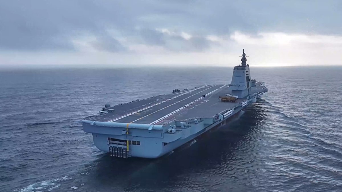 This screen grab from video footage from China's Ministry of Defense taken in May 2024 and released via AFPTV on May 11, 2024 shows China's third aircraft carrier Fujian carrying out sea trials at sea in an unknown location. (AFP Photo)