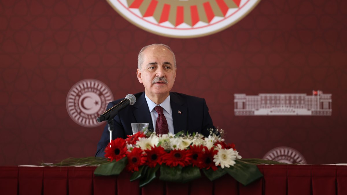 Parliament Speaker Numan Kurtulmuş speaks at a press conference, Istanbul, Türkiye, Nov. 7, 2025. (Photo Courtesy of Turkish Parliament)