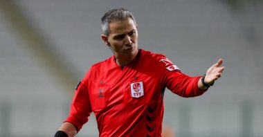 Referee Fevzi Erdem Akbaş officiates during the Ziraat Turkish Cup third qualifying round match between Konyaspor and Bingölspor at Medaş Konya Metropolitan Municipality Stadium, Konya, Türkiye, Oct. 30, 2025. (AA Photo)