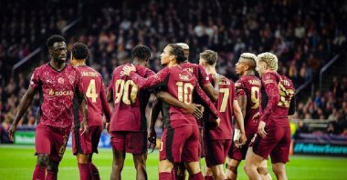 Galatasaray players celebrate after Victor Osimhen&#039;s goal during the UEFA Champions League, league phase day 4, football match against Ajax at the Johan Cruijff ArenA, Amsterdam, Netherlands, Nov. 5, 2025. (DHA Photo)