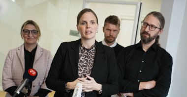 Danish Minister for Digitalization Caroline Stage Olsen (2-L) and representatives from the agreement parties attend a press conference about a new political agreement for better protection of children and young people online, in Copenhagen, Denmark, Nov. 7, 2025.  (EPA Photo)