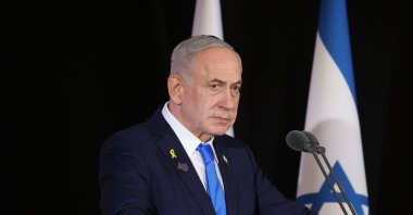 Israeli Prime Minister Benjamin Netanyahu delivers a speech during the ceremony of the Iron Swords War Memorial Day on Mount Herzl in Jerusalem, Israel, Oct. 16, 2025. (EPA Photo)