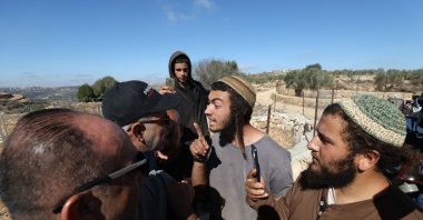 Illegal Israeli settlers confront Palestinian farmers and international activists harvesting olives at a farm outside the village of Yabroud, near Ramallah City, West Bank, Oct. 29, 2025. (EPA Photo)