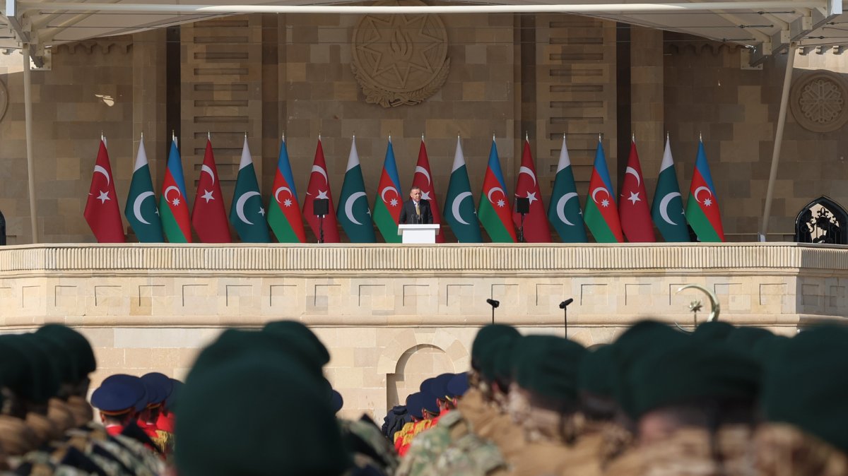 Turkish President Recep Tayyip Erdoğan delivers a speech at a ceremony marking the country’s “Victory Day” in Baku, Azerbaijan, Nov. 8. 2025. (AA Photo)