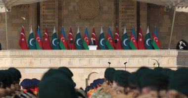 Turkish President Recep Tayyip Erdoğan delivers a speech at a ceremony marking the country’s “Victory Day” in Baku, Azerbaijan, Nov. 8. 2025. (AA Photo)