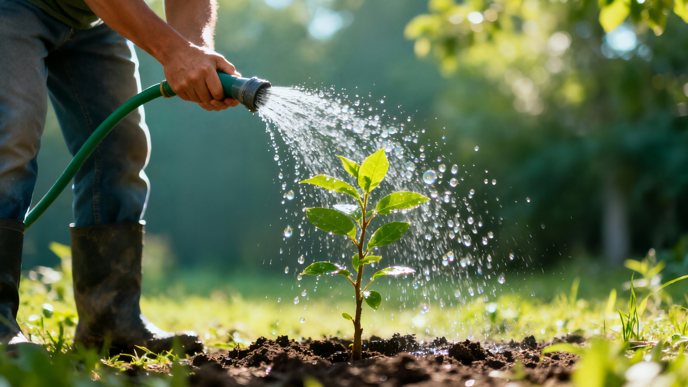 A newly planted tree sapling is being watered in a garden. (Shutterstock Photo) 