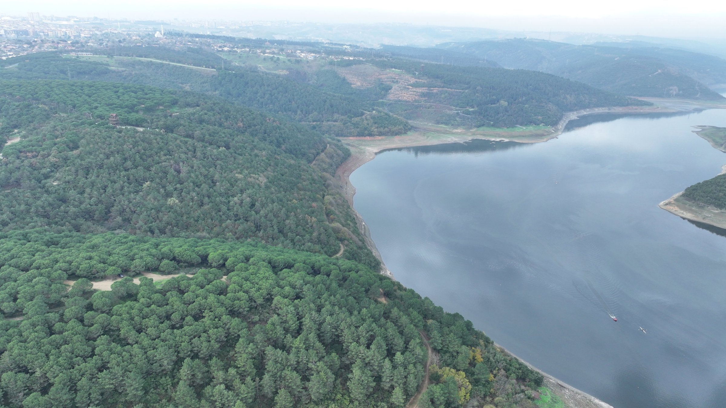 An aerial view of Istanbul’s reservoirs highlights critically low water levels at 21.87% overall and 11.92% at Alibey reservoir, Istanbul, Türkiye, Nov. 9, 2025. (AA Photo)