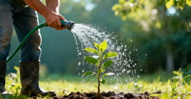 A newly planted tree sapling is being watered in a garden. (Shutterstock Photo) 
