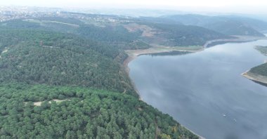 An aerial view of Istanbul’s reservoirs highlights critically low water levels at 21.87% overall and 11.92% at Alibey reservoir, Istanbul, Türkiye, Nov. 9, 2025. (AA Photo)