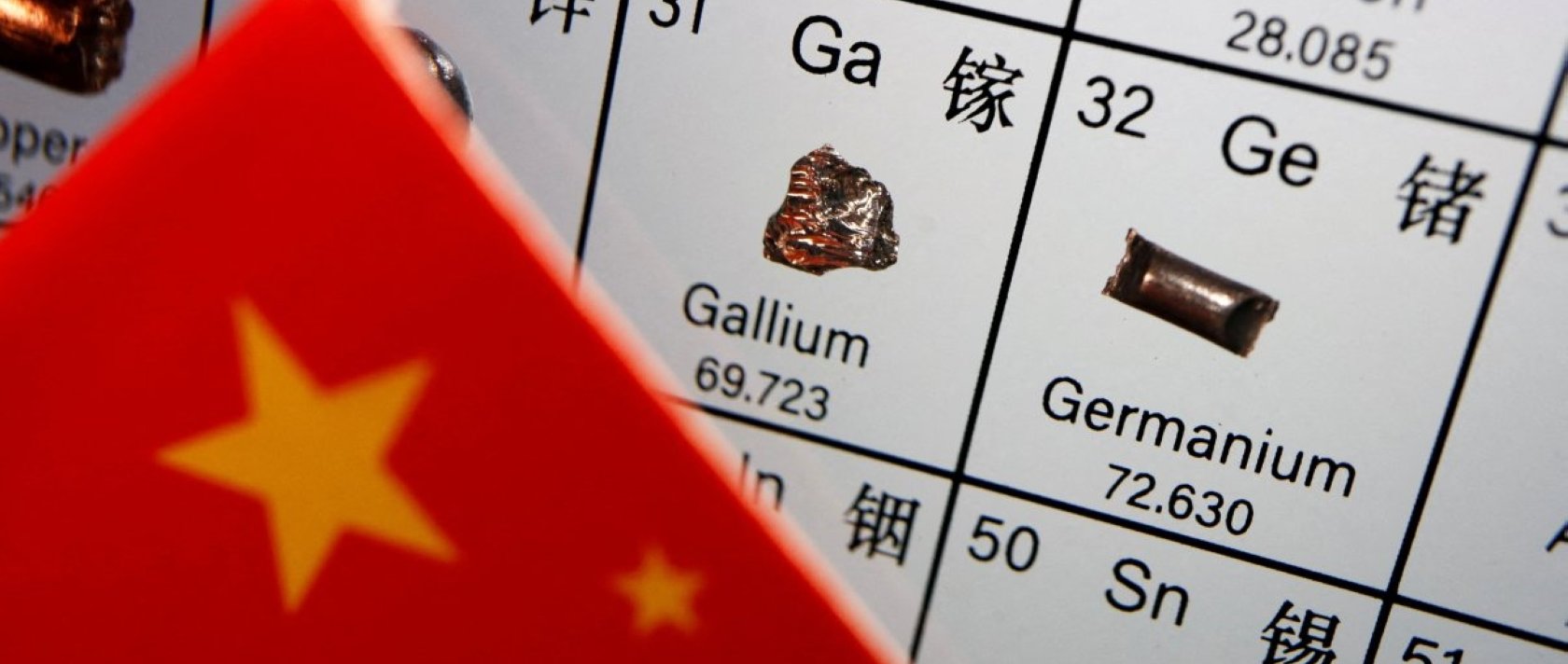 The flag of China is placed next to the elements of gallium and germanium on a periodic table, in this illustration picture taken on July 6, 2023. (Reuters Photo)