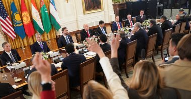 Members of the media raise hands to ask questions as U.S. President Donald Trump attends a dinner with the leaders of the C5 1 Central Asian countries of Kazakhstan, Kyrgyzstan, Tajikistan, Turkmenistan and Uzbekistan, White House, Washington, U.S., Nov. 6, 2025. (Reuters Photo)