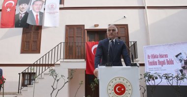 Culture and Tourism Minister Mehmet Nuri Ersoy delivers a speech at the reopening ceremony of the restored Atatürk House, Thessaloniki, Greece, Nov. 9, 2025. (AA Photo)
