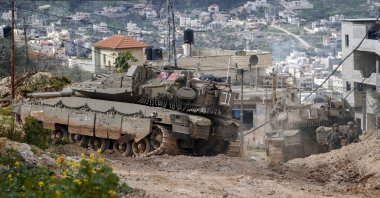 This file photo shows Israeli tanks deployed during an army operation in the occupied West Bank, Palestine, Feb. 24, 2025. (AP Photo)