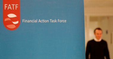 The logo of the Financial Action Task Force (FATF) is seen during a news conference after a plenary session at the OECD headquarters, Paris, France, Oct. 18, 2019. (Reuters Photo)