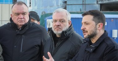 Ukraine&#039;s President Volodymyr Zelenskyy (R), Ukrainian Energy Minister German Galushchenko (C) and head of Ukraine&#039;s state nuclear power company Energoatom Petro Kotin visit the Khmelnytskyi Nuclear Power Plant, amid Russia&#039;s attack on Ukraine, near the town of Netishyn, Khmelnytskyi region, Ukraine, Feb. 13, 2025. (Reuters Photo)