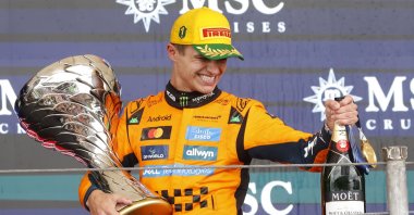 McLaren driver Lando Norris of Britain celebrates after winning the 2025 Formula One Grand Prix of Sao Paulo at the Autodromo Jose Carlos Pace racetrack in Interlagos, Sao Paulo, Brazil, Nov. 9, 2025. (EPA Photo)