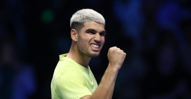 Spain&#039;s Carlos Alcaraz celebrates after winning his ATP Finals group stage match against Australia&#039;s Alex de Minaur at the Palasport Olimpico, Turin, Italy, Nov. 9, 2025. (Reuters Photo)