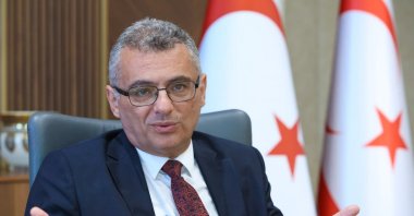 Turkish Republic of Northern Cyprus (TRNC) President Tufan Erhürman gestures during an interview, Lefkoşa (Nicosia), TRNC, Oct. 24, 2025. (AA Photo)