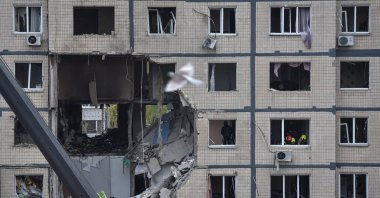 Apartment buildings hit during a Russian drone strike in Dnipro, Ukraine, Nov. 8, 2025. (Reuters Photo)