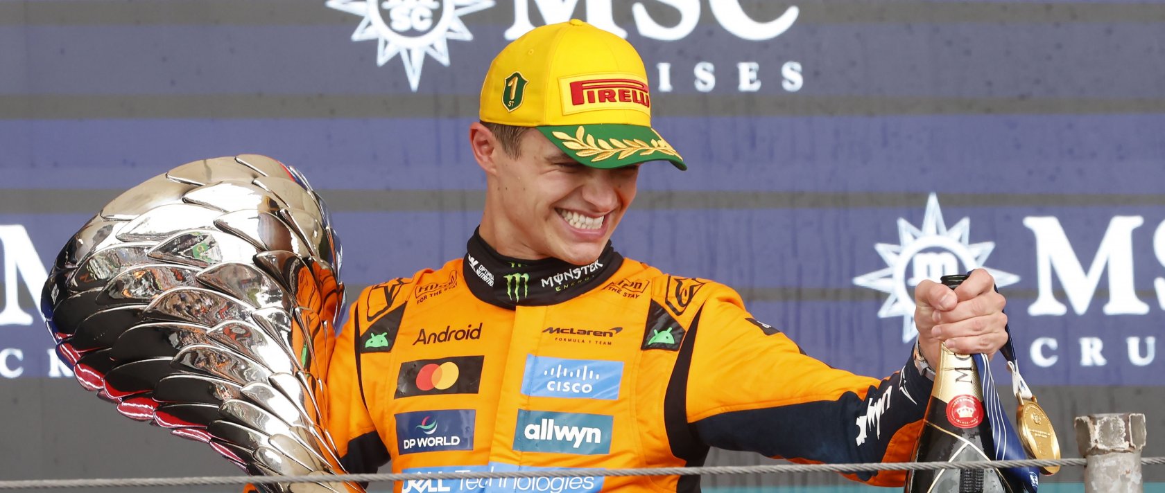 McLaren driver Lando Norris of Britain celebrates after winning the 2025 Formula One Grand Prix of Sao Paulo at the Autodromo Jose Carlos Pace racetrack in Interlagos, Sao Paulo, Brazil, Nov. 9, 2025. (EPA Photo)
